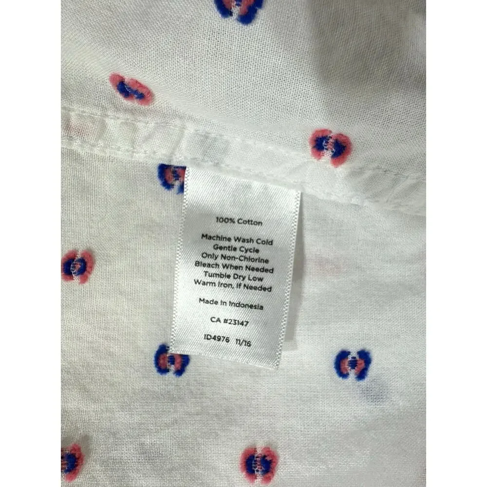 Talbots Button Up Shirt Size Medium White Pink Blue Embroidered Dots 100% Cotton